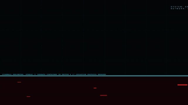 Minimalist cyber security firewall HUD with threat isolation protocol and red data blocks