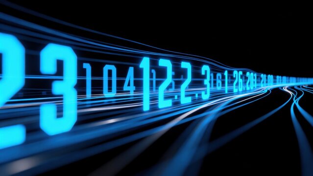 Digital numbers and light trails on black background