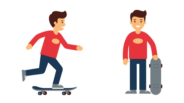 Skateboarder boy cartoon character illustration showing active riding and standing poses on a plain white background