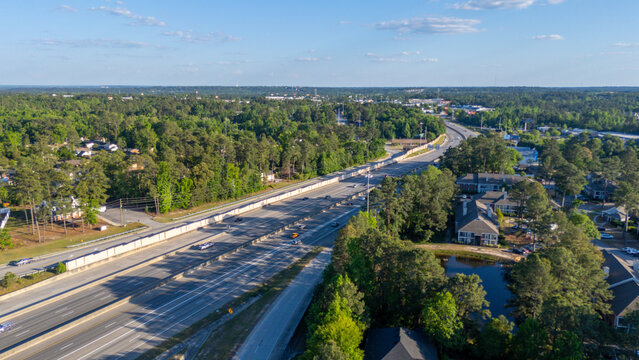 Aerial View of Interstate 20 Highway Through Suburban Augusta Georgia USA