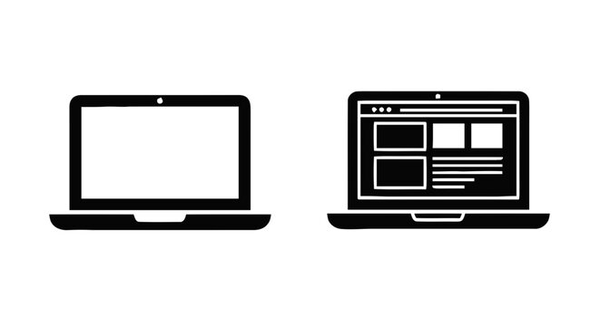Vector illustration of laptop icons set, blank screen and web browser interface on display on a transparent background
