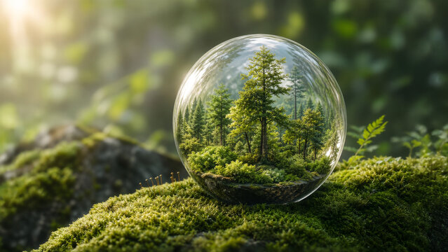 Surreal green forest landscape inside a glass sphere 