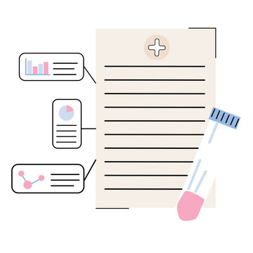 Medical report with laboratory test tube and analytics