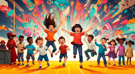Naklejka premium Group of diverse children jumping joyfully in colorful street art background celebrating friendship day