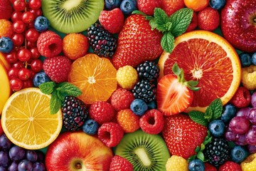 Fototapeta premium Vibrant and fresh assortment of colorful berries, citrus fruits, and kiwi slices, a healthy food concept.