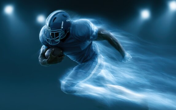 A dramatic sports poster featuring glowing football energy trails and stadium spotlights, dynamic action composition