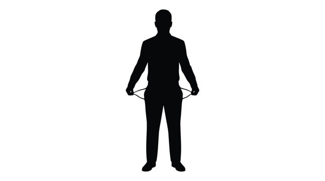 Silhouette of a businessman showing empty pockets representing financial bankruptcy and lack of money concept