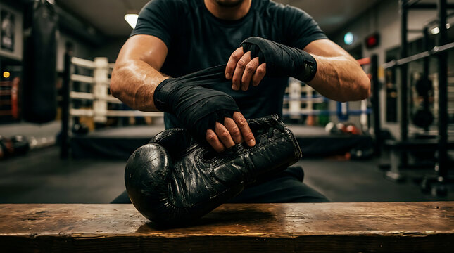 Boxer Wrapping Hands Before Training Session and Competitive Boxing Preparation