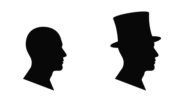 Silhouette head profiles showing a man without a hat and a man wearing top hat