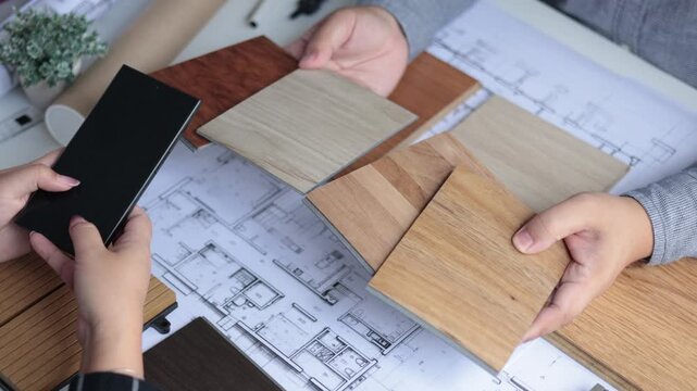 Professional interior design and client collaboration on choosing floor material and calculating in office.