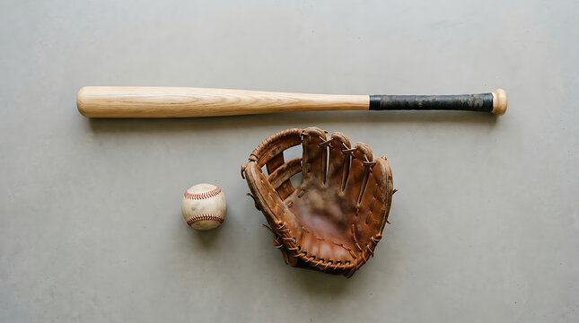 Baseball Bat Glove and Ball Arranged on Neutral Background Representing Classic Team Sport Equipment