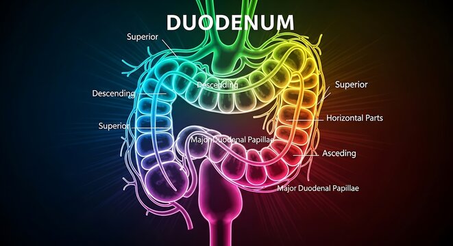 Human digestive system anatomy with duodenum highlighted.