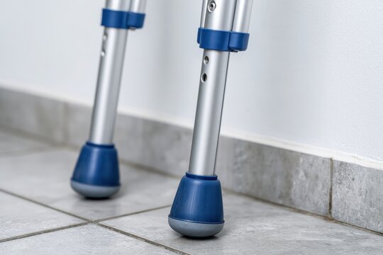 Close-up view of the blue rubber tips and silver aluminum shafts of two medical crutches leaning against a wall.