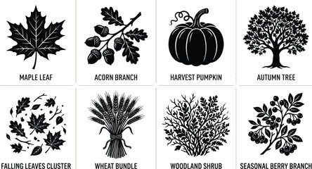 Autumn Nature Silhouettes Collection with Leaves Pumpkin Acorn Wheat and Tree ElementsAutumn Nature Silhouettes Collection with Leaves Pumpkin Acorn Wheat and Tree Elements © Abullah