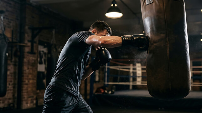 Boxer Training with Heavy Punching Bag During Intense Boxing Workout Session in Gym
