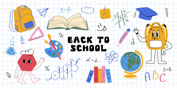Back to School Big Educational Clipart Collection with Cute Classroom Supplies and Subject Icons. Cute classroom objects in a flat style: school supplies, a school building, an open book, object icons
