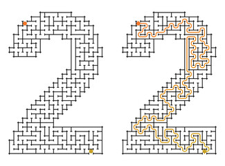 Maze with solution in the shape of Number 2 for kids' activity game  