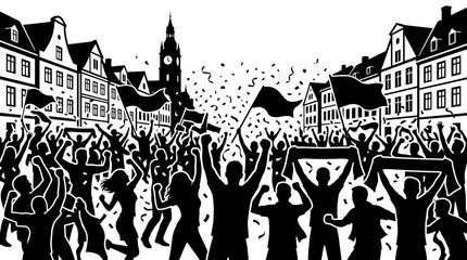 People celebrate Football Celebration with flags and cheering in a city square. © Sentimental Visual