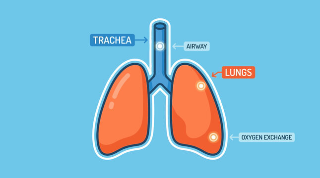 Anatomical illustration of lungs with trachea and airway labelled in human body