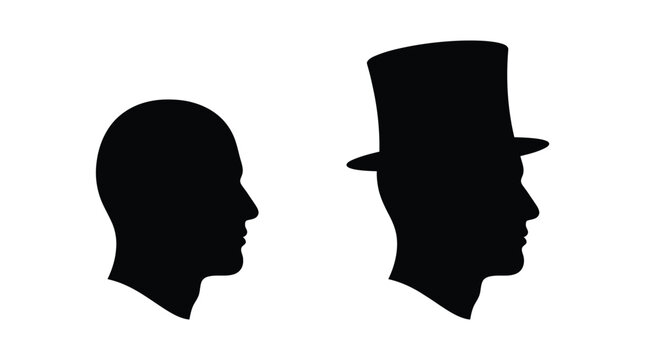 Silhouette profile heads of two men one wearing a vintage top hat isolated on white background