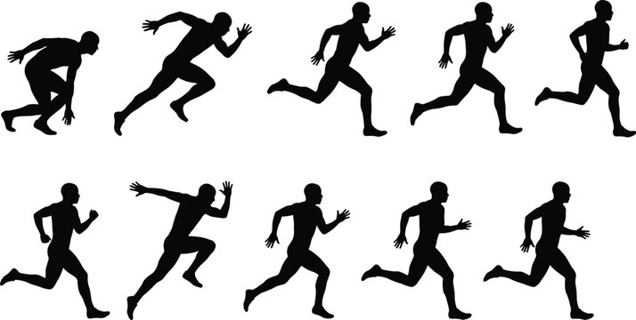 Male runner silhouettes set featuring track athlete starting sprinting running and jogging motion sequence isolated on white background