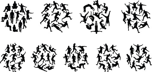Fototapeta premium People silhouettes in circular shapes set featuring groups of men and women running jumping falling and sitting isolated on white background