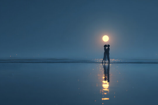 Couple kissing under moonlit sky, ocean background; romantic, wedding use