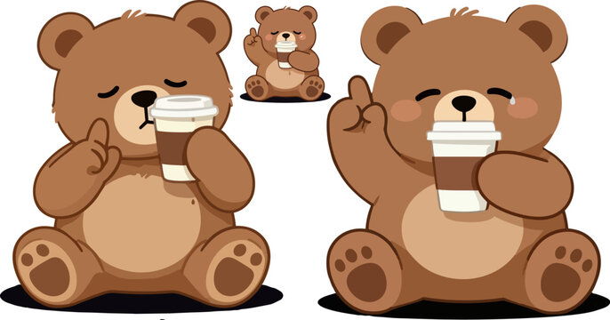 Cute brown teddy bear icons, 3D cartoon characters, emoticon faces, vector illustrations