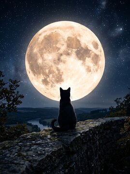 A majestic black cat sitting on a stone wall under a giant full moon
