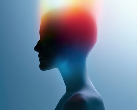 Human silhouette with colorful emotional aura, mental wellness campaign aesthetic, soft gradient background