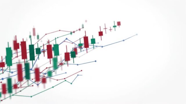 Animated 3D candlestick chart and line graph showing financial growth on white background