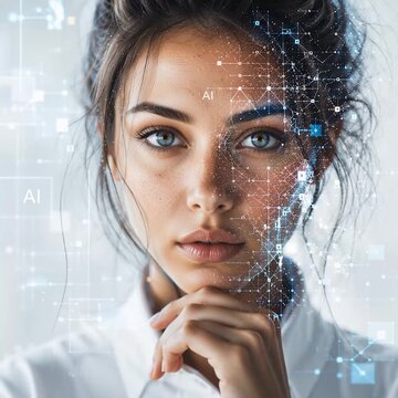 VOLTO FEMMINILE CON OVERLAY DIGITALE DI DATI E GRAFICI, BIO-TECNOLOGIA E RICONOSCIMENTO FACCIALE