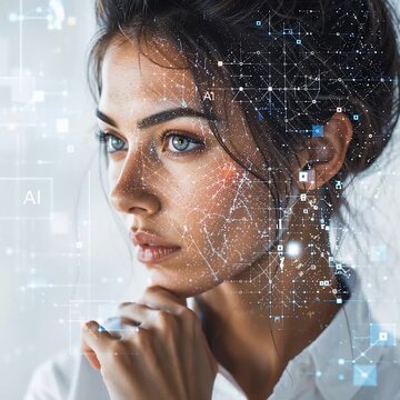 VOLTO FEMMINILE CON OVERLAY DIGITALE DI DATI E GRAFICI, BIO-TECNOLOGIA E RICONOSCIMENTO FACCIALE