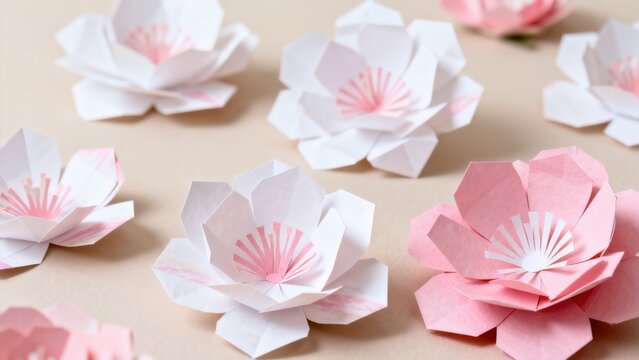 Paper origami flowers on beige surface