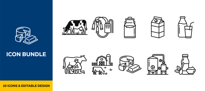 Dairy Farm Milk and Cheese Production flat vector illustration icon bundle set high resolution