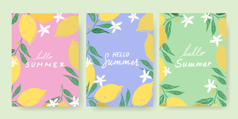 Summer greeting card set with lemons and tropical leaves © _alyssum