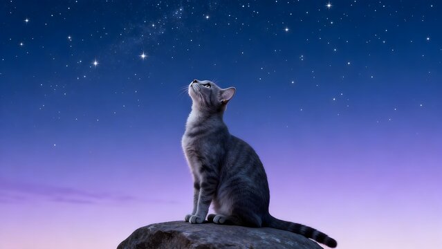 Cat gazing at starry sky