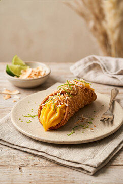 Italian cannolo filled with vibrant Filipino mango curd and condensed milk cream, topped with toasted coconut flakes and fresh lime zest on a rustic plate, close up shot.