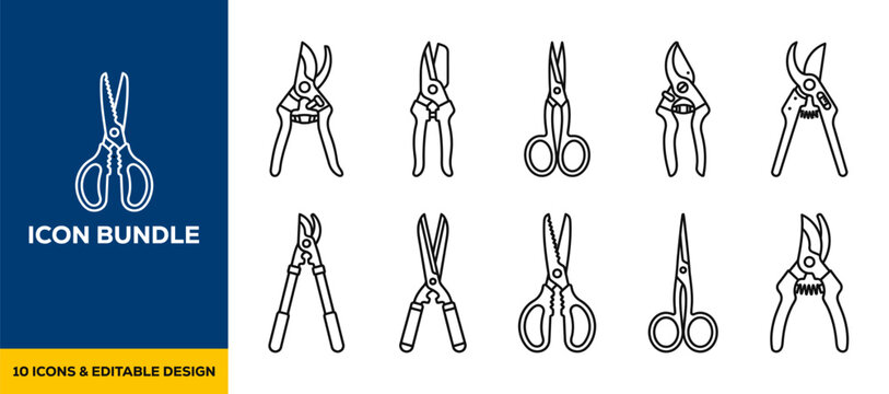 Pruning Shears and Garden Care Tools flat vector illustration icon bundle set high resolution