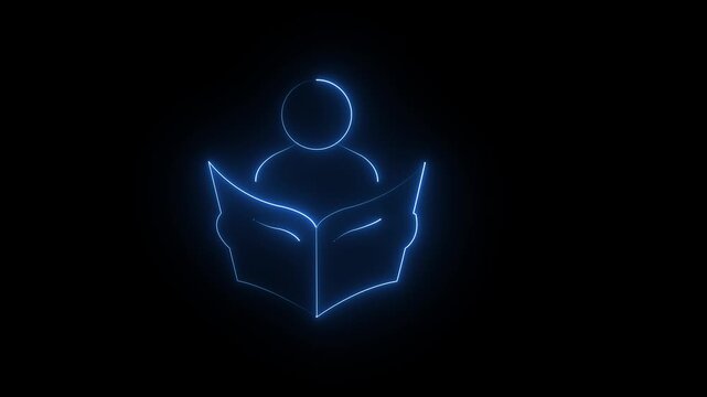 glowing neon person reading book icon isolated on black background. futuristic education, learning, knowledge, and study concept. 4k video animation.