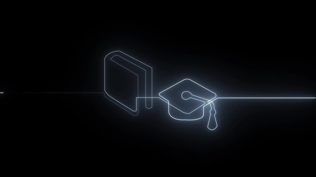Light white neon line Graduation cap icon isolated on black  background. Graduation certificate with 4k video