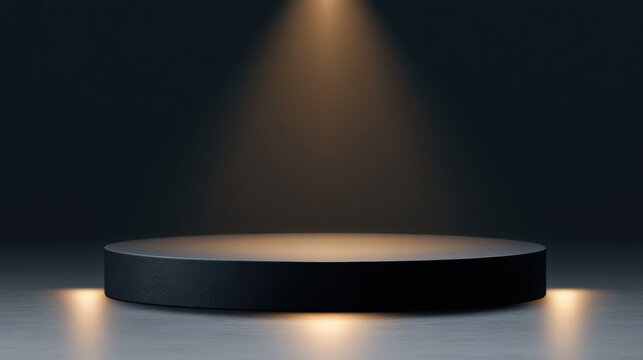 Luxury black podium with golden spotlight reflections, premium cosmetic showcase aesthetic, cinematic studio lighting