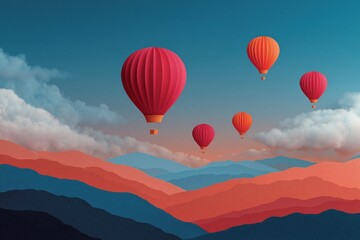 Naklejka premium Group of hot air balloons drifting over colorful ridges