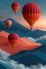Obraz premium Hot air balloons drifting over misty mountain ridges at sunrise