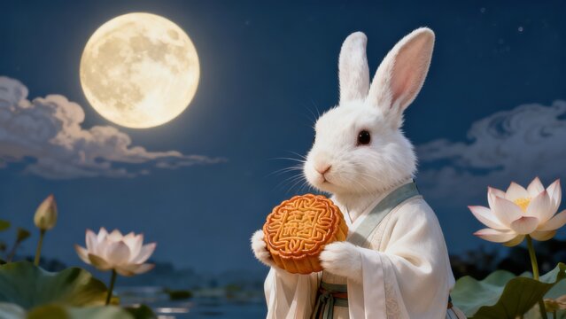 Rabbit in traditional clothing holding mooncake