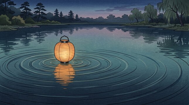 Japanese Lantern Floating on Rippling Water at Dusk