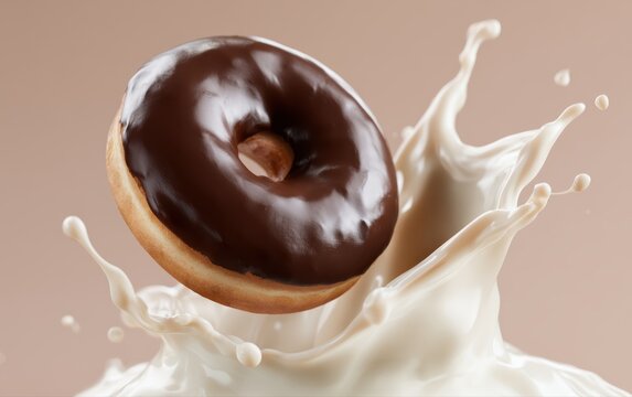 Chocolate donut falling into cream splash, luxury dessert commercial style, soft cinematic shadows, ultra realistic food photography