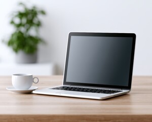 Fototapeta premium Modern laptop desk with coffee and plants, cozy office atmosphere