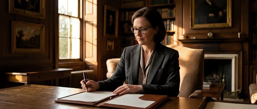 Professional Businesswoman Writing Documents at Elegant Office Desk &mdash; Focused Work Portrait