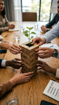 Diverse coworkers building wooden block tower with small green plant on top. Business team collaborating on sustainable growth strategy in office. Corporate development and cooperation concept.